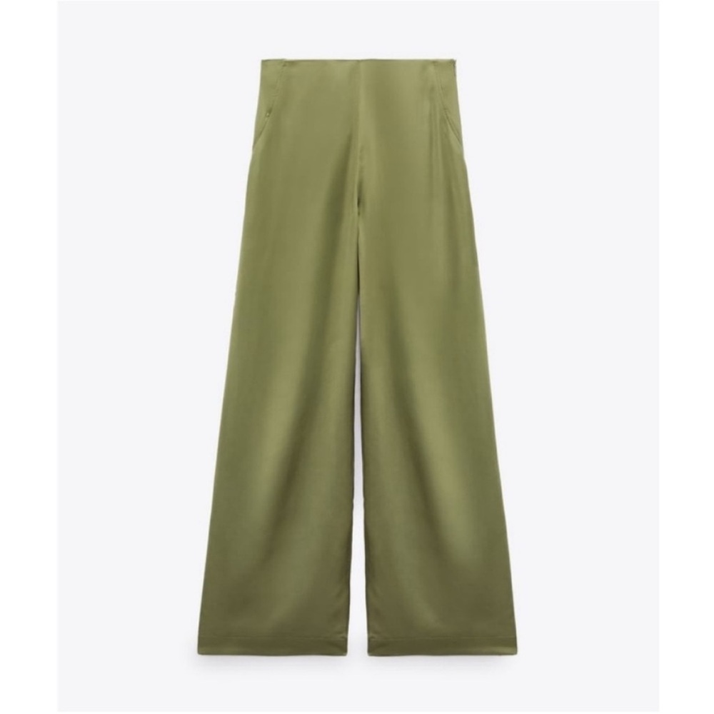 ZARA Wide Leg Green Satin Pants - Picture 7 of 11